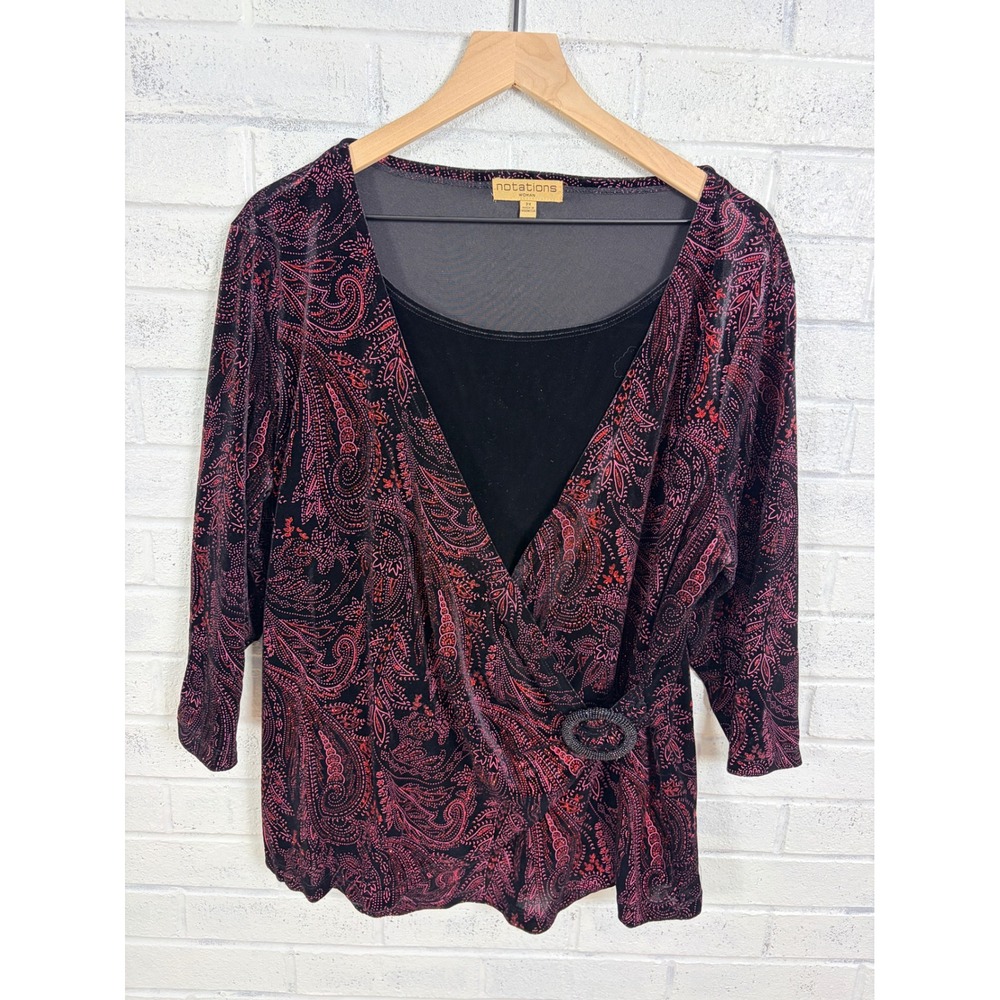 Notations Blouse Women 2X Red Paisley Glitter Faux Wrap Velvet Top Whimsigoth